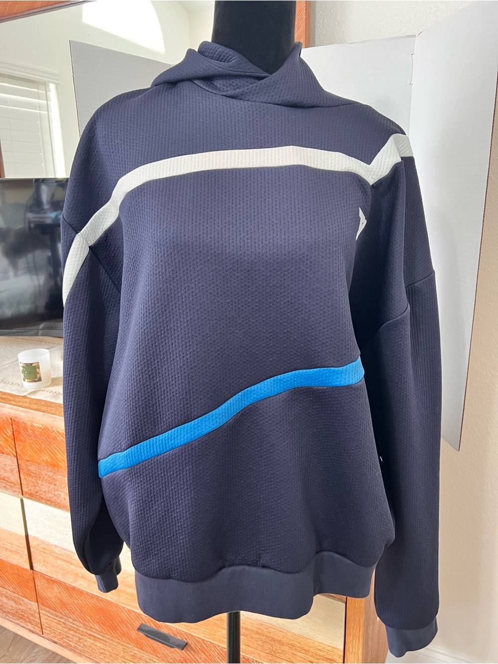 adidas Men's Navy Crewneck Sweater with White and Blue Stripes